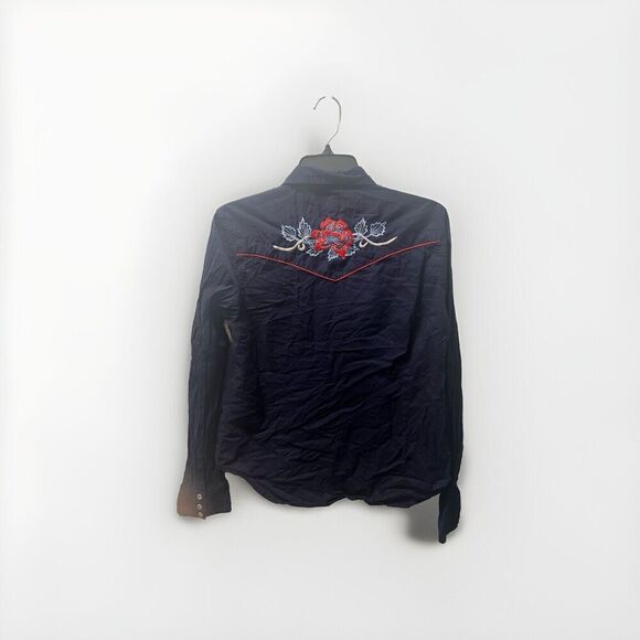 Ralph Lauren Polo Jeans Co Western Embroidered Floral Navy Pearl Snap Button Up - Picture 2 of 5